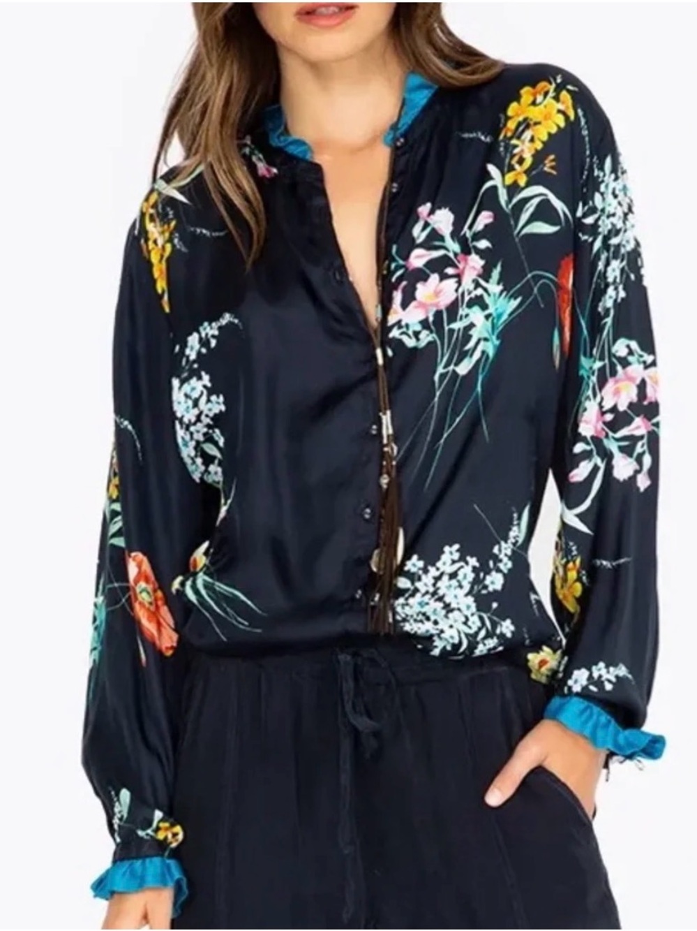 Johnny Was Navy Floral Button-Up Blouse with Teal Trim